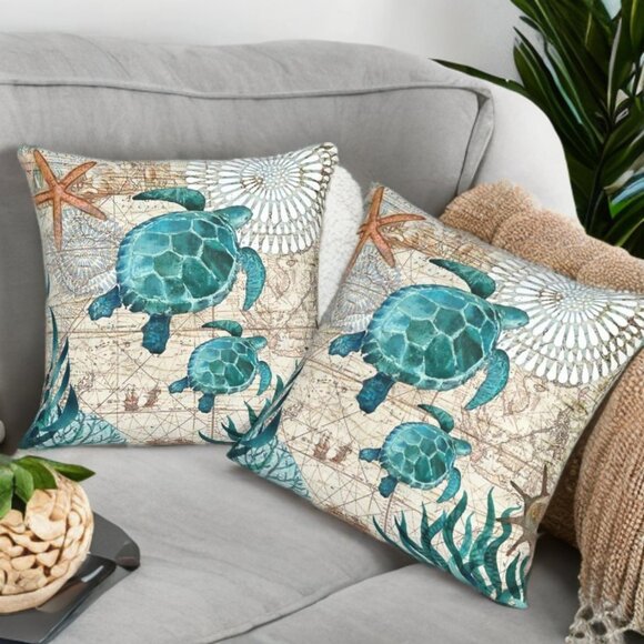 Beach Pillow Covers Soft Cases Set Cottage Decor Coastal Nautical Decoration 18" - Picture 2 of 8